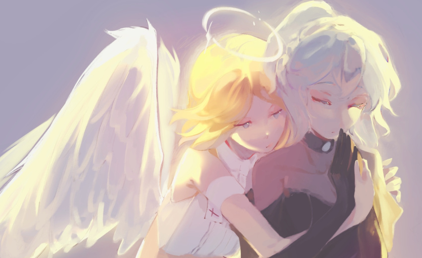 2girls, angel_wings, black_shirt, blonde_hair, closed_eyes, commentary_request, feathered_wings, hair_between_eyes