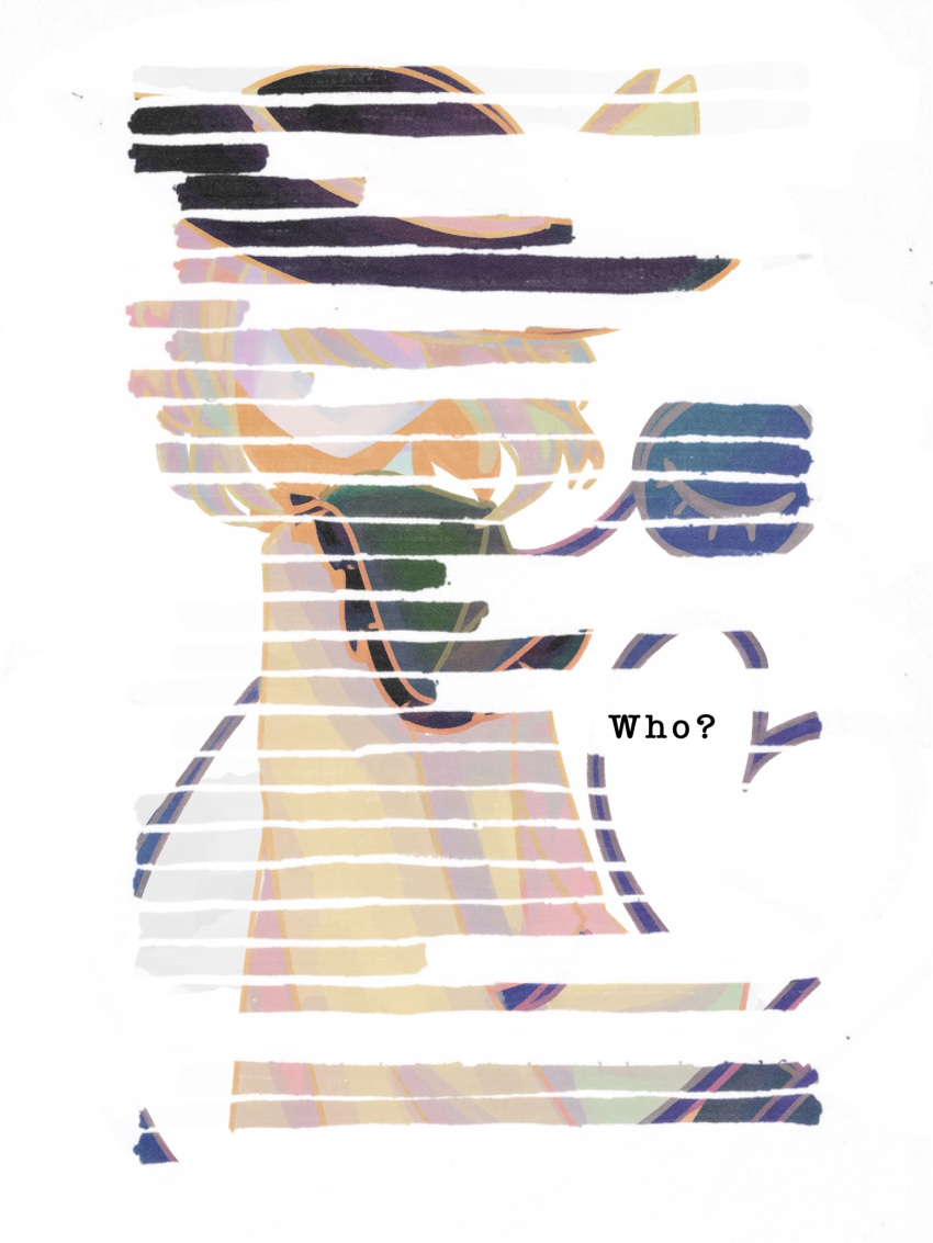 1girl, arms_at_sides, black_hat, blackout_poetry, collar, collared_shirt, covered_eyes, covered_mouth