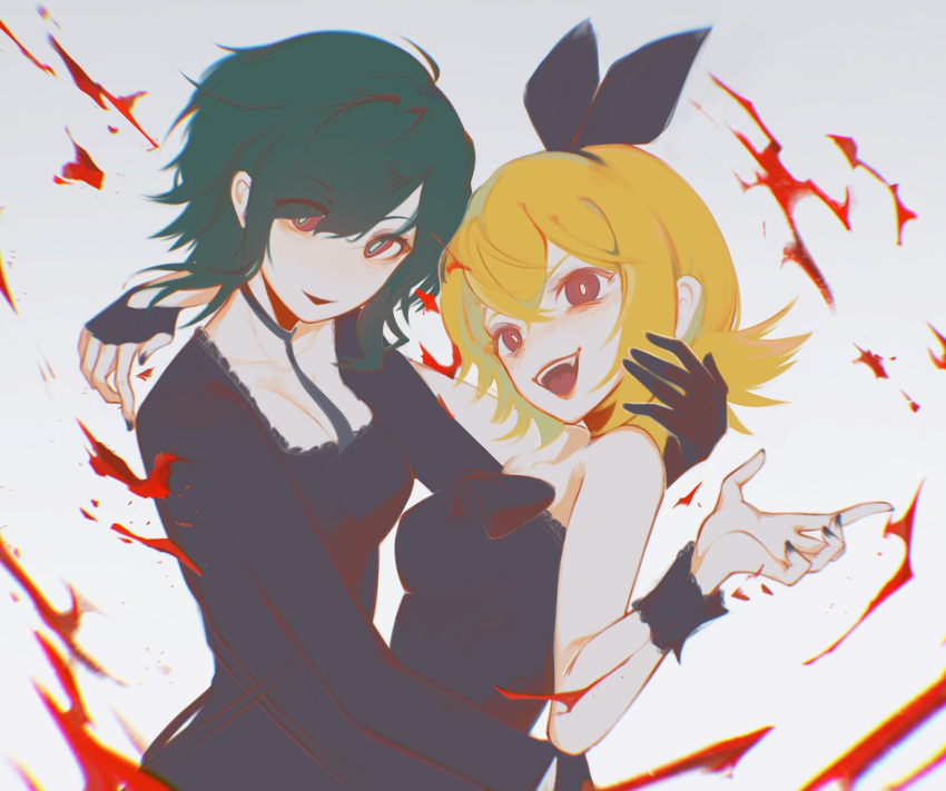 2girls, black_bow, black_dress, black_gloves, black_hairband, black_neckerchief, blonde_hair, bow