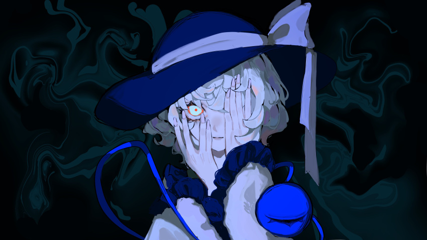 1girl, absurdres, closed_mouth, covering_one_eye, expressionless, frills, green_eyes, hair_between_eyes