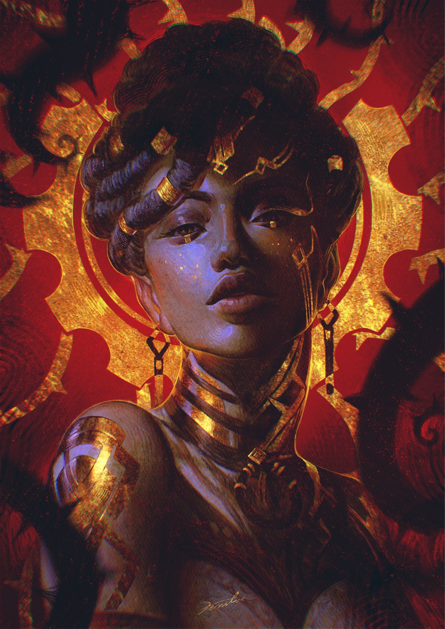 1girl, abstract_background, arcane:_league_of_legends, armor, artist_name, bare_shoulders, blurry, brown_hair