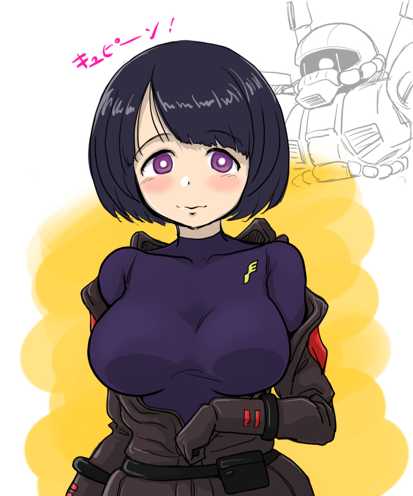 1girl, 8zm, belt, black_hair, blush, bob_cut, breasts, cable