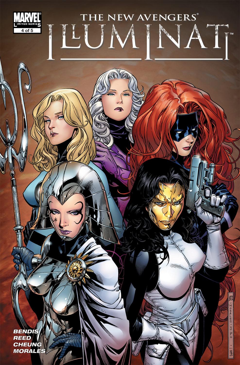 5girls, aqua_eyes, armor, artist_name, black_bodysuit, black_hair, blonde_hair, blue_eyes, bodysuit, breastplate, cape, clea_strange, comic_cover, copyright_logo, copyright_name, cover, cover_page, covered_navel, curly_hair, doctor_strange_(series), dress, eyeshadow, facial_mark, fantastic_four, gloves, gold_mask, grey_armor, grey_helmet, gun, hand_on_own_hip, handgun, helmet, highres, holding, holding_gun, holding_polearm, holding_weapon, inhumans, jim_cheung, lilandra_neramani, logo, long_hair, looking_at_viewer, madame_masque, makeup, marvel, mask, mature_female, medusa_(marvel), multiple_girls, official_art, orange_hair, polearm, purple_eyeshadow, purple_gloves, purple_lips, sleeveless, sleeveless_dress, sue_storm, superhero_costume, weapon, western_comics_(style), white_cape, white_dress, white_gloves, white_hair, x-men