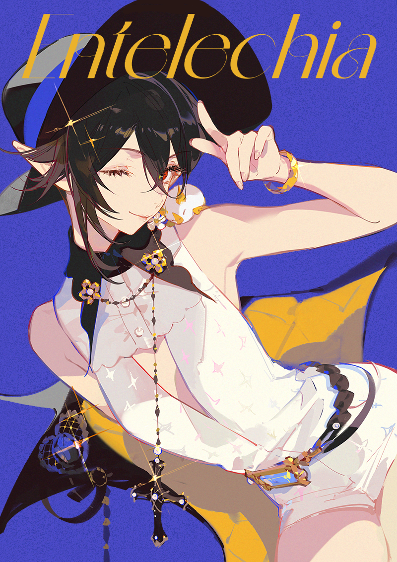 1girl, arknights, ask_(askzy), bare_arms, bare_shoulders, black_hair, black_hat, blue_background