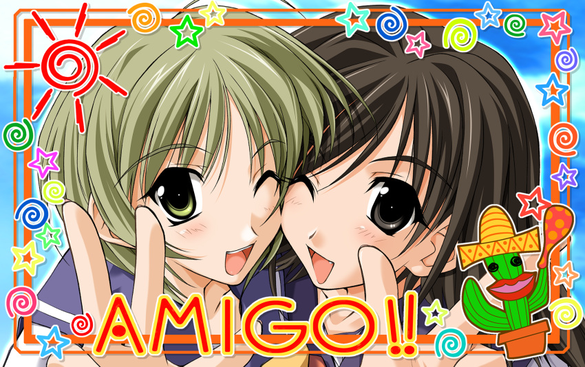 blush, brown_hair, cactus, green_eyes, green_hair, highres, long_hair, memories_off