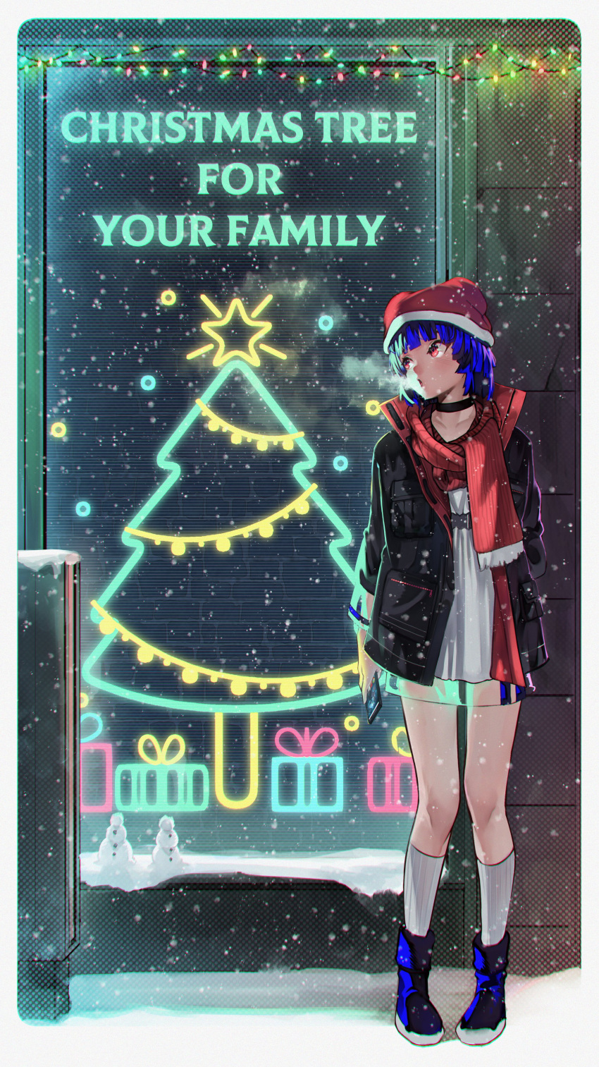 1girl, :o, absurdres, arm_behind_back, black_choker, black_jacket, blue_boots, blue_hair