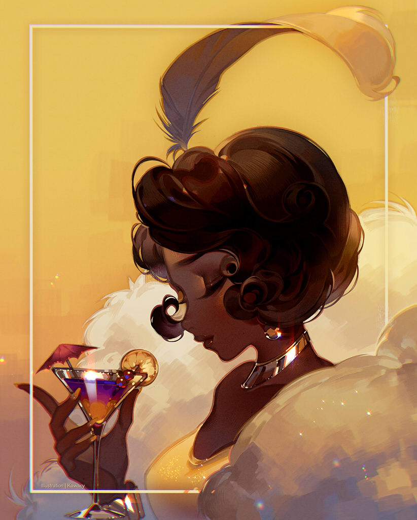 1girl, artist_name, black_hair, bracelet, choker, closed_eyes, cocktail_glass, cocktail_umbrella, commentary_request, cup, curly_hair, dark-skinned_female, dark_skin, dress, drinking_glass, duplicate, earrings, english_text, feather_hair_ornament, feathers, fingernails, food, from_side, fruit, hair_ornament, holding, holding_cup, jewelry, kawacy, lemon, lemon_slice, long_fingernails, short_hair, solo, the_princess_and_the_frog_(disney), tiana_(the_princess_and_the_frog), upper_body, yellow_background, yellow_dress, yellow_nails