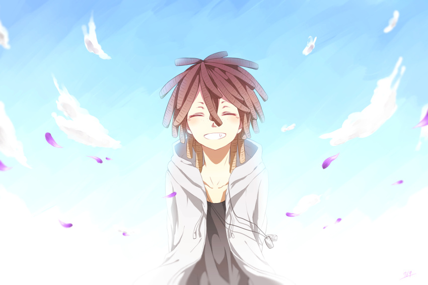 1boy, arms_behind_back, brown_hair, closed_eyes, clouds, collarbone, commentary_request, dog_tags, doug_(gangsta), dreadlocks, freckles, gangsta, highres, hood, hooded_jacket, jacket, jewelry, male_focus, medium_hair, nallck_6v6_(nothy-nn), necklace, petals, shirt, smile, solo, teeth, upper_body