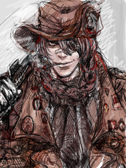 cigarette, eyepatch, hat, hellsing, male, pip_bernardotte, single_braid, smoking