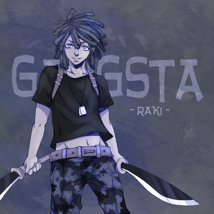 1boy, artist_name, belt, black_shirt, camouflage, camouflage_pants, copyright_name, doug_(gangsta)