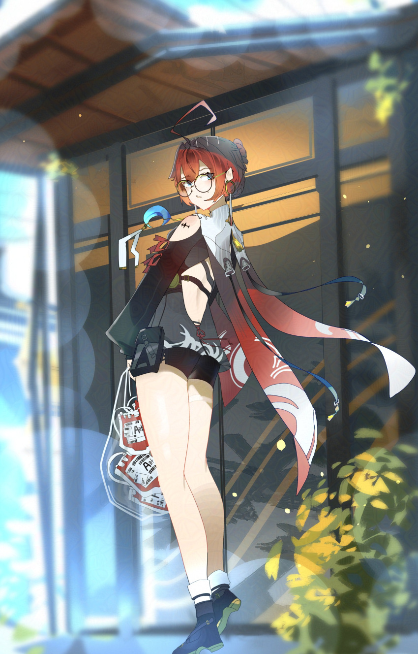1girl, absurdres, ahoge, back, back_cutout, bag, bare_legs, bespectacled