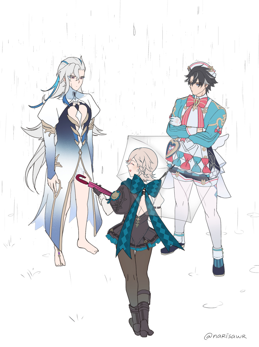 3boys, absurdres, arms_at_sides, barefoot, black_hair, boots, bow, braid