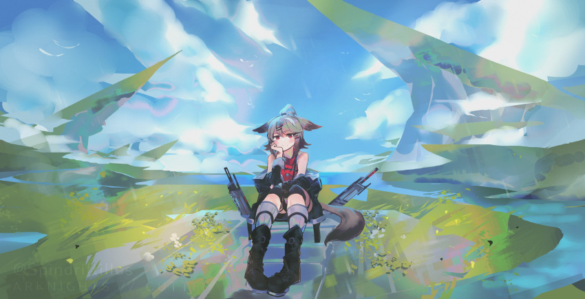1girl, absurdres, animal_ears, arknights, bare_shoulders, black_boots, blue_sky, boots, brown_hair, commentary, cutter_(arknights), dated_commentary, fox_ears, fox_girl, fox_tail, full_body, grass, grey_socks, hair_ornament, hairclip, hand_on_own_face, hand_up, head_rest, highres, jewelry, knee_pads, kneehighs, looking_at_viewer, medium_hair, necklace, outdoors, red_eyes, red_shirt, shirt, sitting, sky, sleeveless, sleeveless_shirt, socks, solo, spindrift, sword, tail, thigh_strap, topknot, weapon