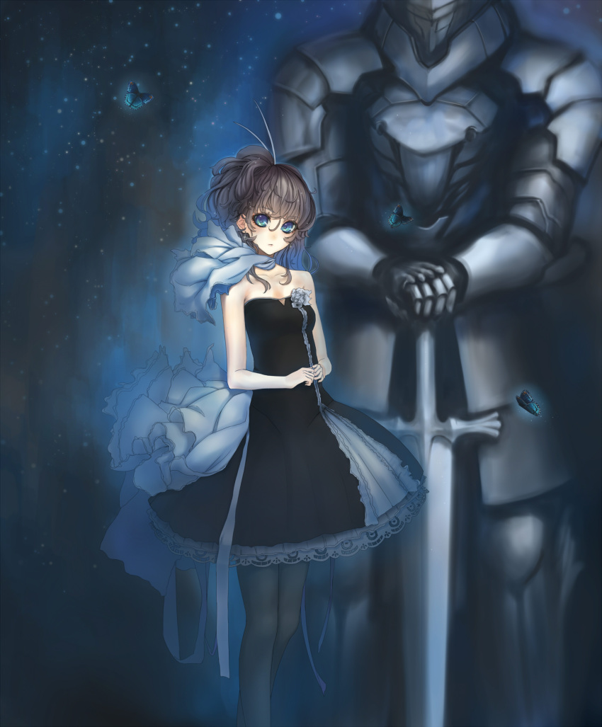 armor, bad_id, bare_shoulders, brown_hair, butterfly, ciev, dress, earrings, highres, jewelry, long_hair, minevi, original, pantyhose, scarf, solo