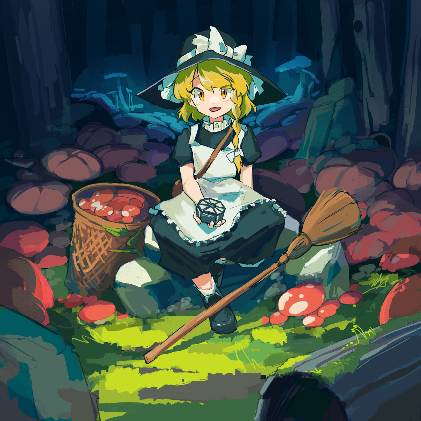 1girl, apron, black_dress, black_hat, black_shoes, blonde_hair, bow, braid
