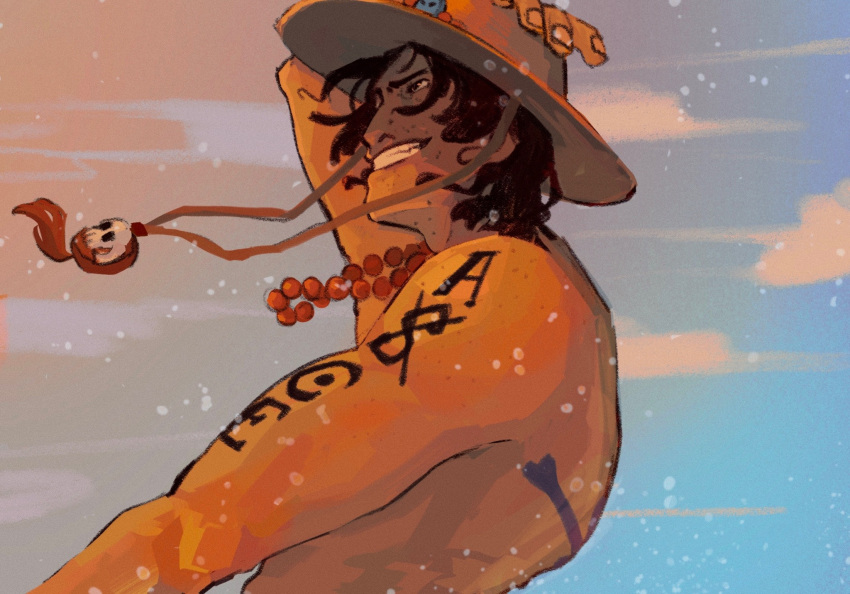 1boy, arm_tattoo, back_tattoo, black_hair, bluechanas, commentary, freckles, highres