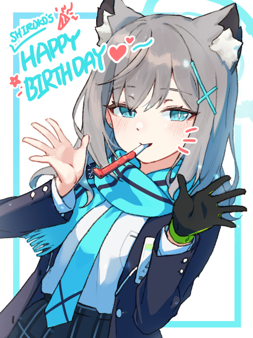 1girl, animal_ear_fluff, animal_ears, bamyamsj, black_gloves, black_jacket, black_skirt, blue_archive
