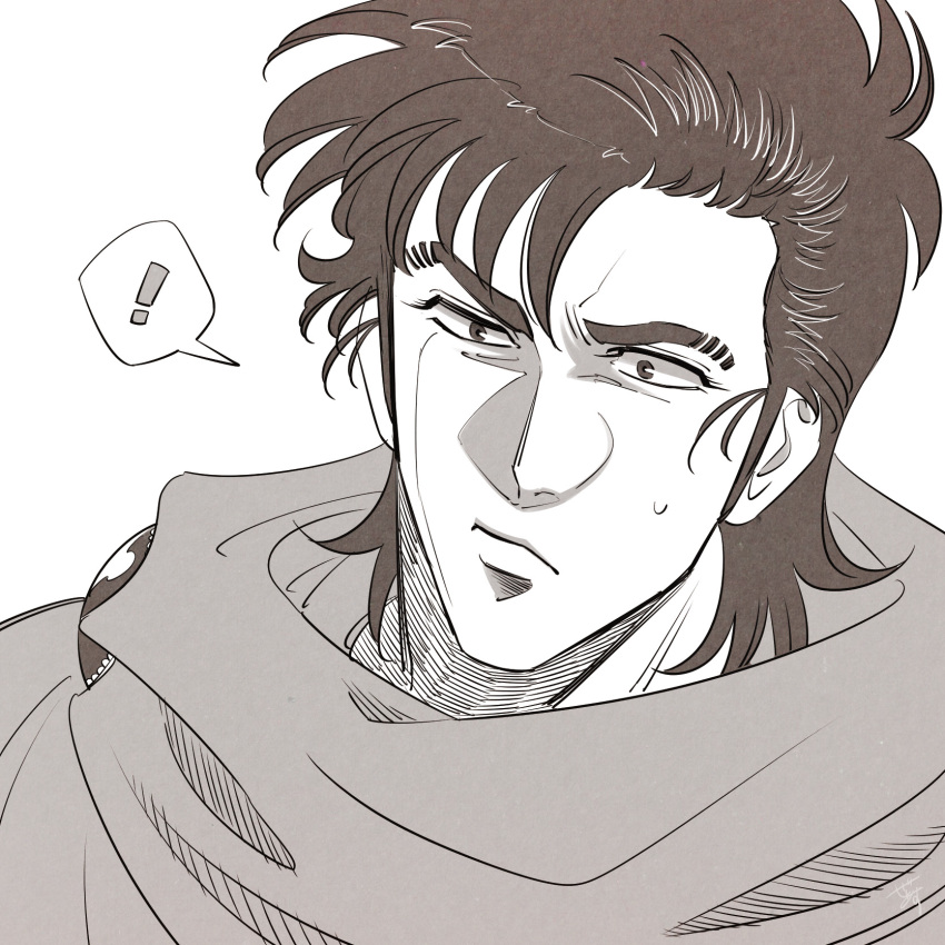 !, 1boy, closed_mouth, colored_skin, commentary, constricted_pupils, eyebrow_cut, eyelashes, flat_color, frown, furrowed_brow, greyscale, highres, jacket, limited_palette, male_focus, medium_hair, monochrome, portrait, saijou_kazuya, sketch, solo, speech_bubble, super_doctor_k, surprised, sweat, sweatdrop, sweater, white_background, white_skin, wide-eyed, zeus_(zearth1996)