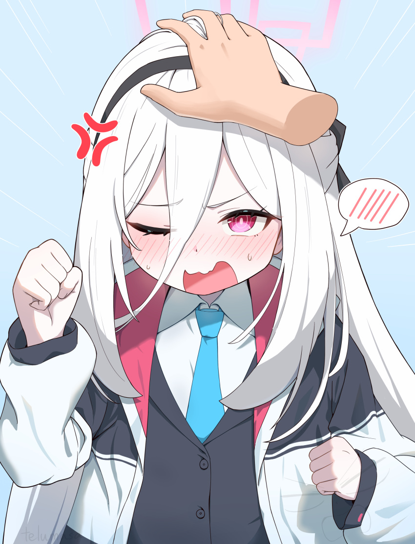 1girl, 1other, absurdres, anger_vein, black_hairband, blue_archive, blue_necktie, blush, commentary_request, disembodied_hand, hair_between_eyes, hairband, halo, hand_on_another's_head, highres, jacket, kei_(blue_archive), kei_(new_body)_(blue_archive), long_hair, looking_at_viewer, necktie, one_eye_closed, open_mouth, petting, pink_eyes, pink_halo, solo_focus, spoken_blush, terumasa_(amanoy), white_hair, white_jacket