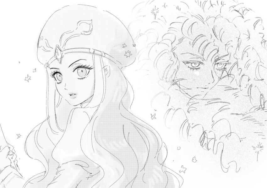 1boy, 1girl, 2drucy, amber_(sugar_sugar_rune), closed_mouth, commentary_request, curly_hair, eyelashes, glace_(sugar_sugar_rune), greyscale, hat, highres, holding, juliet_sleeves, korean_commentary, long_hair, long_sleeves, looking_back, monochrome, puffy_sleeves, sugar_sugar_rune