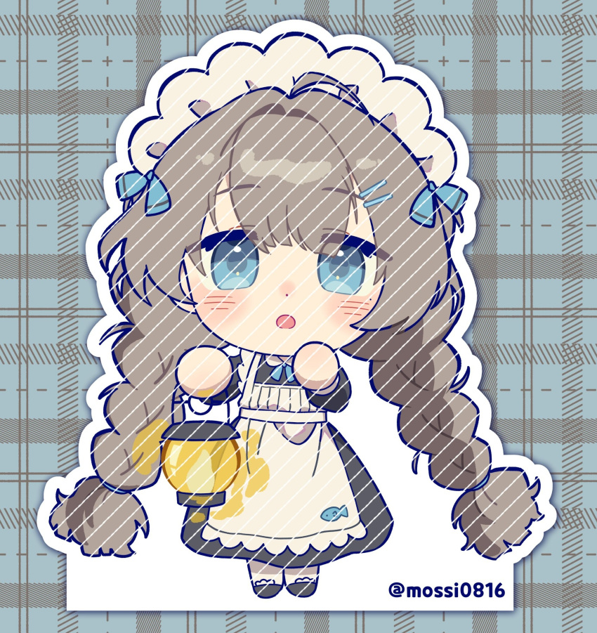 1girl, :o, apron, black_dress, blue_bow, blue_eyes, blush, bow