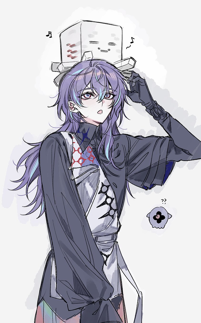 1boy, :o, ?, ??, beamed_sixteenth_notes, black_gloves, black_shirt, blue_hair