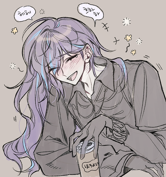 +++, 1boy, :d, beer_can, black_gloves, black_shirt, blue_hair, blush