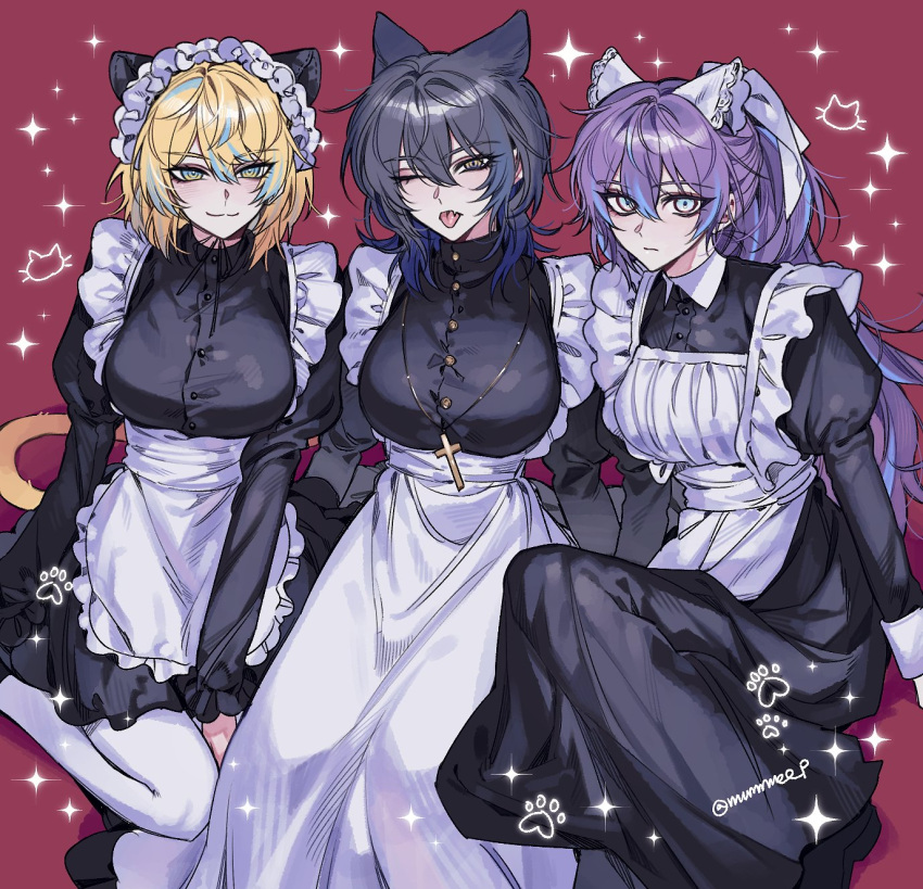 3girls, :3, ;p, animal_ears, apron, artist_name, black_dress, blonde_hair