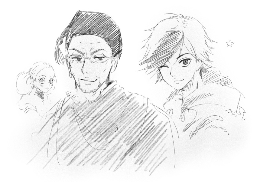 1girl, 2boys, 2drucy, beard_stubble, blush, commentary_request, corne_meilleur, double_bun, facial_hair, father_and_son, glasses, greyscale, hair_bun, hat, highres, korean_commentary, looking_at_viewer, monochrome, multiple_boys, one_eye_closed, pointy_ears, poivre_meilleur, rubis_(sugar_sugar_rune), simple_background, smile, stubble, sugar_sugar_rune, turtleneck