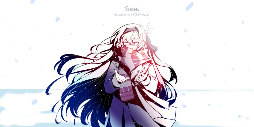 1girl, absurdres, alternate_costume, backlighting, black_hairband, closed_eyes, coat, commentary