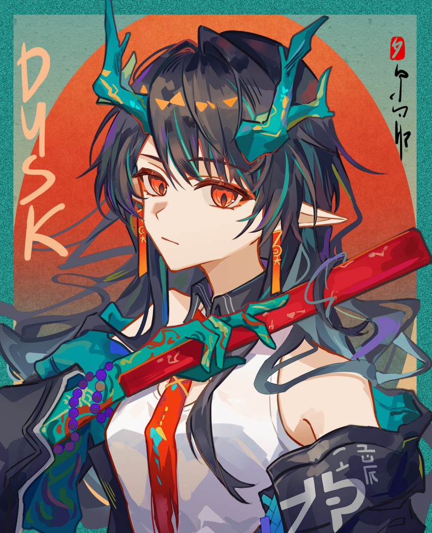 1girl, arknights, bead_bracelet, beads, black_hair, bracelet, chuichuihuahewu, colored_skin, commentary, dragon_girl, dragon_horns, dusk_(arknights), green_skin, highres, horns, jewelry, multicolored_hair, pointy_ears, red_eyes, solo, streaked_hair, symbol-only_commentary