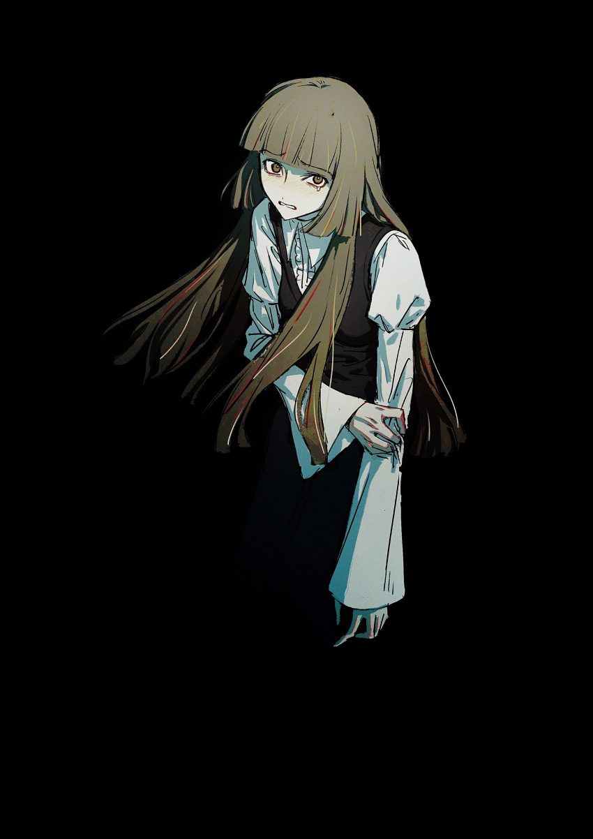 1girl, absurdres, black_background, blunt_bangs, blunt_ends, brown_eyes, brown_hair, center_frills