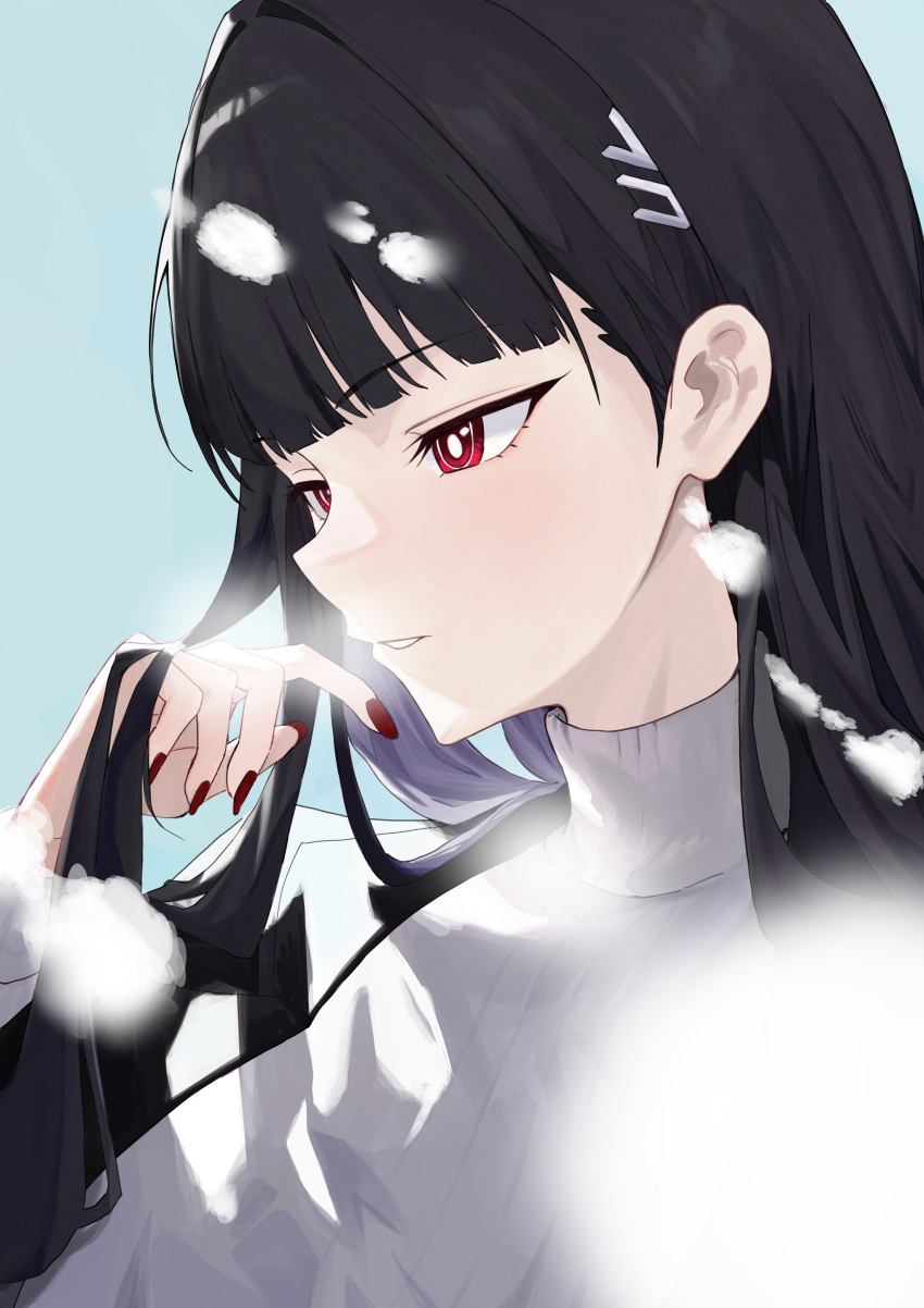 absurdres, black_hair, blue_archive, breasts, halo, hand_in_own_hair, hashtag-only_commentary, highres