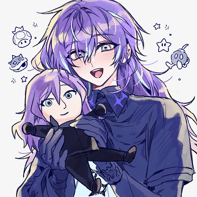 1boy, :d, biker_clothes, bikesuit, black_bodysuit, black_gloves, black_shirt, blue_hair, blue_shell_(mario), blush, bob-omb, bodysuit, collared_shirt, gloves, golden_mushroom, grey_eyes, hair_between_eyes, hands_up, holding, hoshirube_sho, hoshirube_sho_(1st_costume), lifting_person, long_hair, long_sleeves, looking_at_viewer, male_focus, mario_kart, mii_(nintendo), multicolored_hair, mummeo_p, nijisanji, open_mouth, purple_hair, shirt, simple_background, smile, star_(symbol), streaked_hair, super_mario_bros., super_star_(mario), teeth, upper_body, upper_teeth_only, virtual_youtuber, white_background, wing_collar
