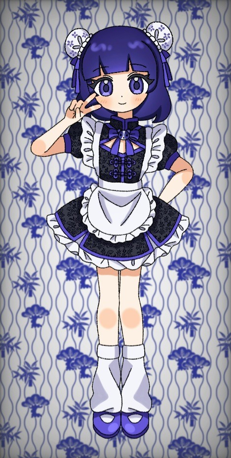 1girl, apron, arm_behind_back, bow, bowtie, commentary, double_bun, english_commentary