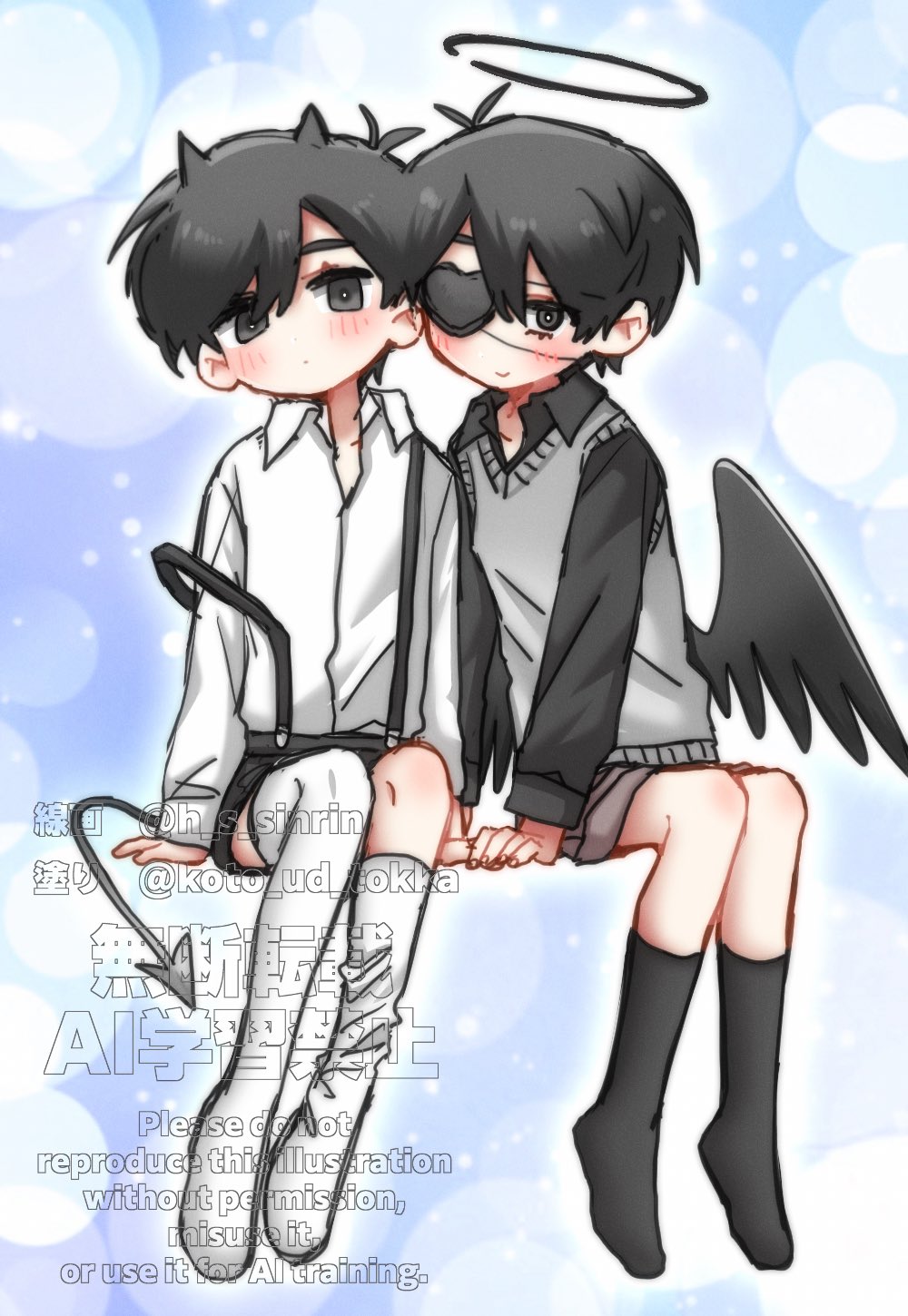 2boys, alternate_costume, alternate_sleeve_length, angel_and_devil, angel_wings, artist_collaboration, asymmetrical_legwear, black_eyes