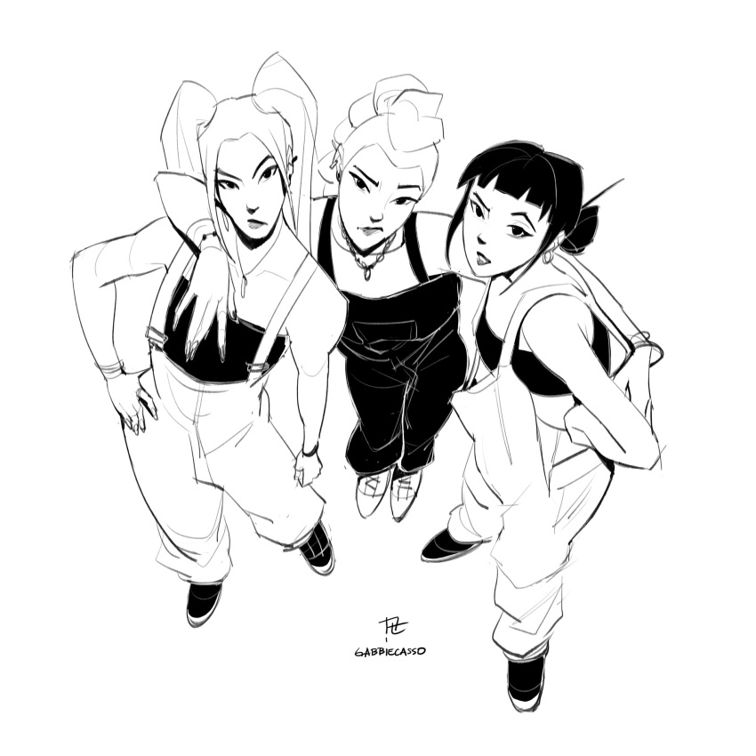 3girls, bracelet, braid, braided_ponytail, commentary, double_bun, earrings, full_body