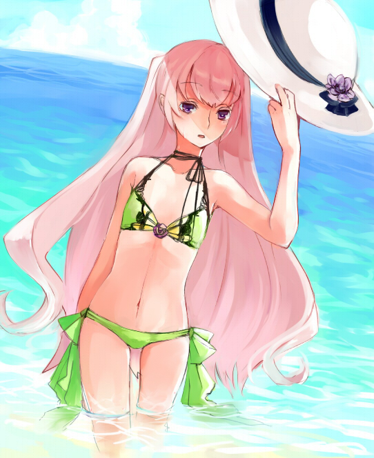bikini, hat, hat_removed, headwear_removed, long_hair, navel, original, pink_hair