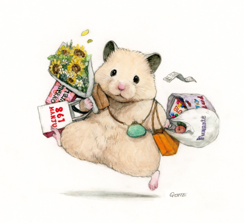 absurdres, animal, animal_focus, apple, artist_name, bag, bouquet, coin_purse