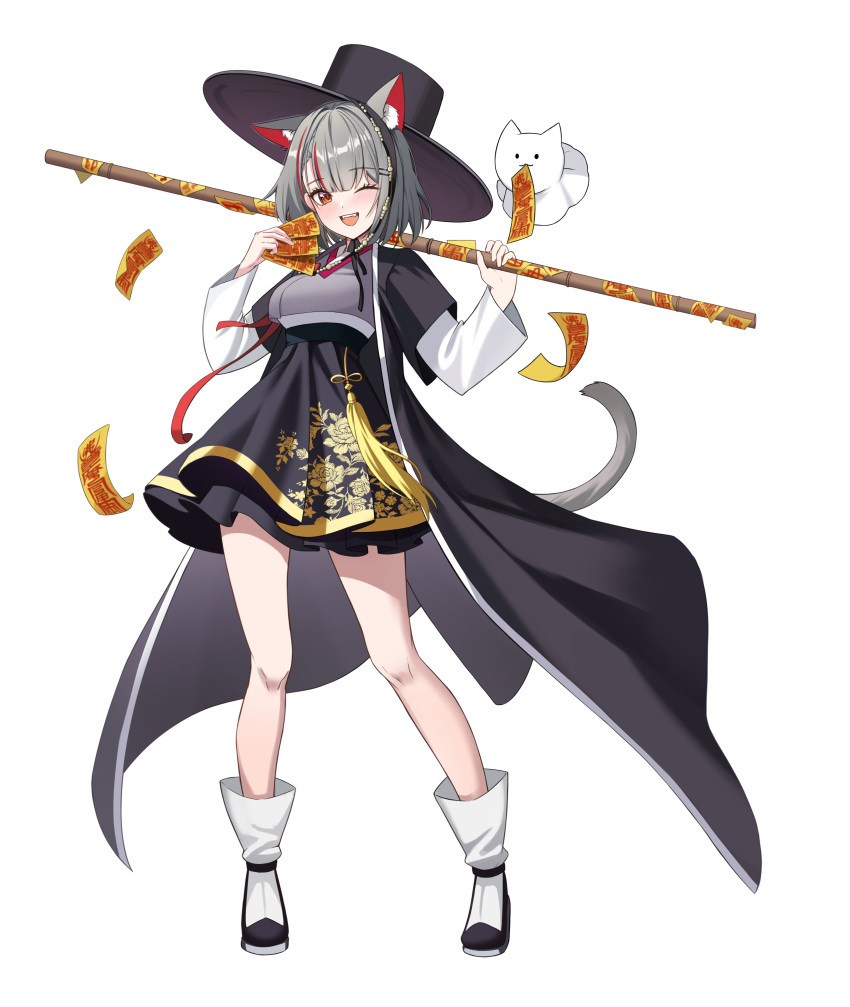 1girl, absurdres, animal_ear_fluff, animal_ears, beoseon, black_hat, cat_ears, cat_girl