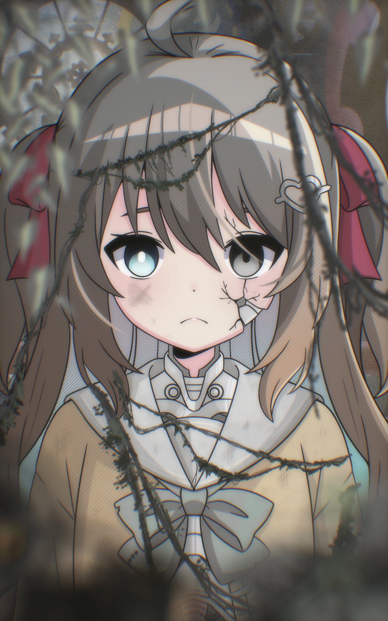 1girl, ahoge, ahoge-tan, blue_eyes, blurry, blurry_foreground, bow, bowtie