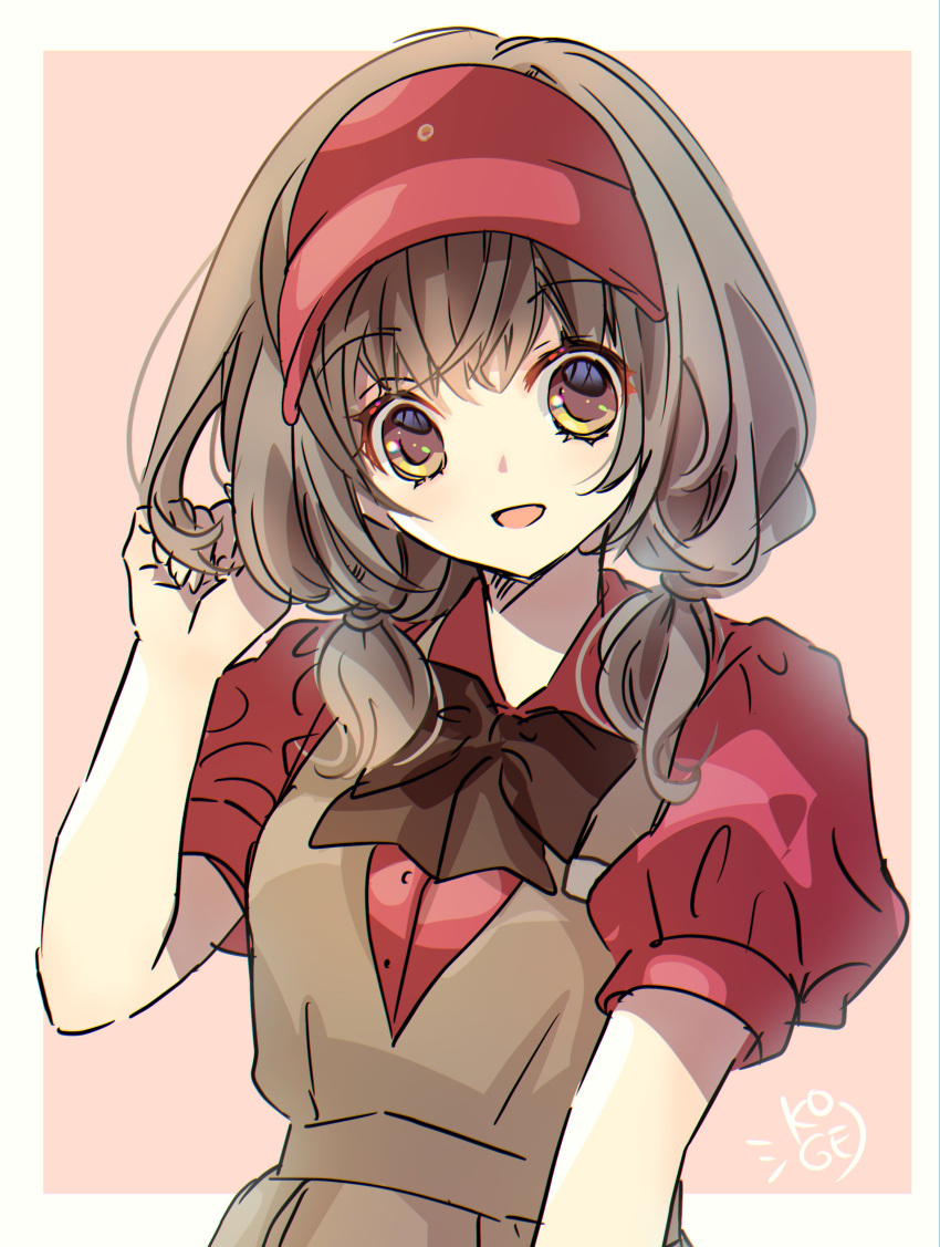 1girl, absurdres, border, bow, bowtie, brown_bow, brown_bowtie, brown_dress