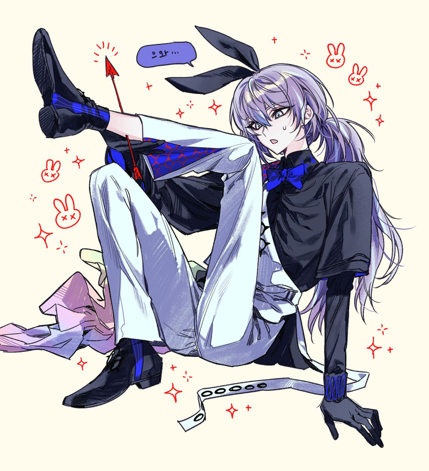 1boy, :o, animal_ears, arm_support, arrow_(projectile), arrow_in_body, belt, black_gloves