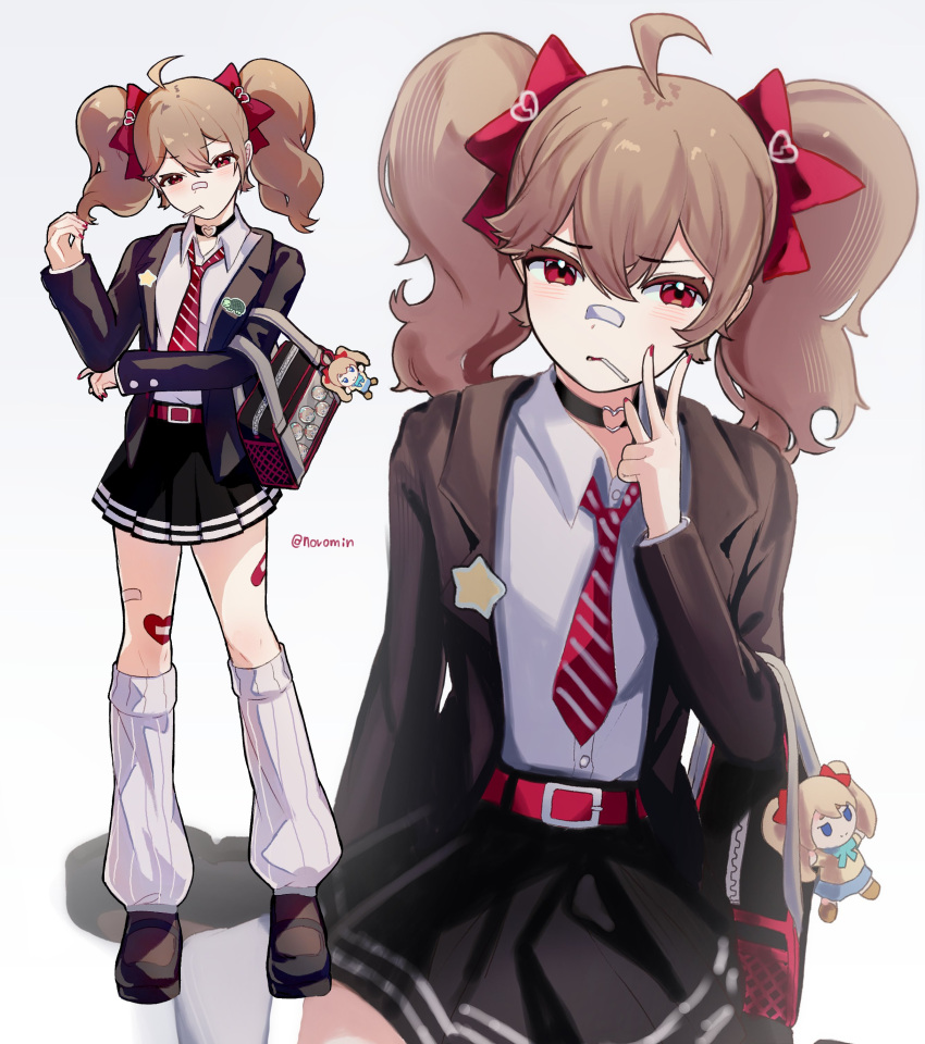 1girl, absurdres, ahoge, alternate_costume, alternate_hairstyle, bag, bandaid, bandaid_on_face