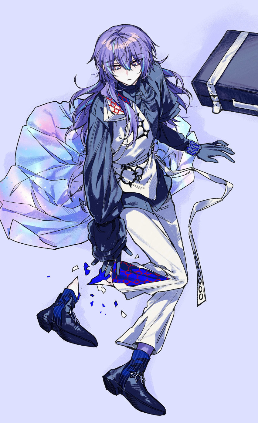 1boy, arm_support, belt, black_gloves, black_shirt, black_shoes, blue_hair, briefcase