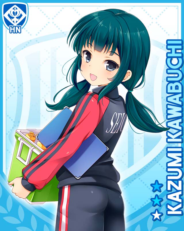 1girl, :d, black_eyes, black_jacket, black_pants, blue_background, blue_hair, card_(medium)