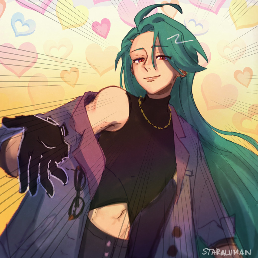 1girl, ahoge, artist_name, black_gloves, black_shirt, earrings, gloves, green_hair