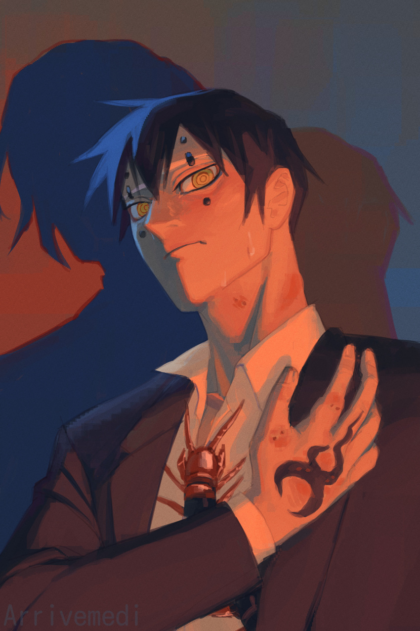 1boy, absurdres, asteris-kitsy, black_hair, bug, centipede, clip_studio_paint_(medium), commentary