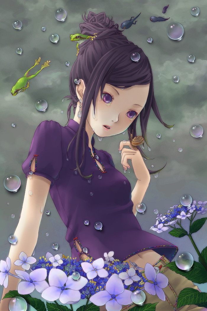 ayumi_k, flower, frog, hydrangea, navel, original, purple_eyes, purple_hair, snail, solo, tadpole, water