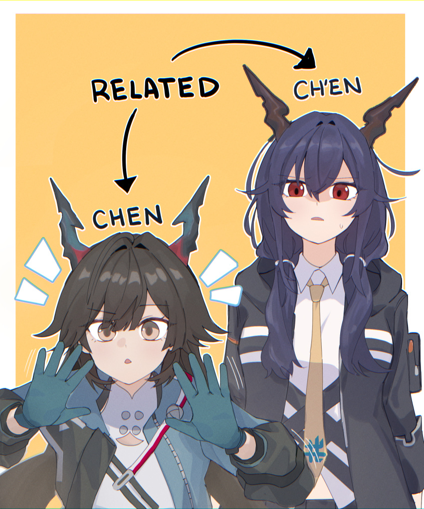 2girls, absurdres, ancestor_and_descendant, arknights, arknights:_endfield, arrow_(symbol), black_coat, black_hair